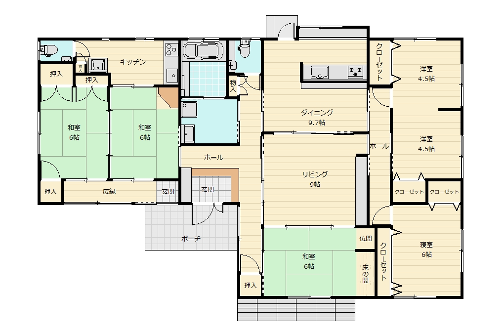 玄関ホールで区分けができる二世帯住宅にも適応した6LDKの間取りです。