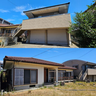 二つの土地・建物と私道の位置関係を確認でき、物件全体の構成がつかめます。