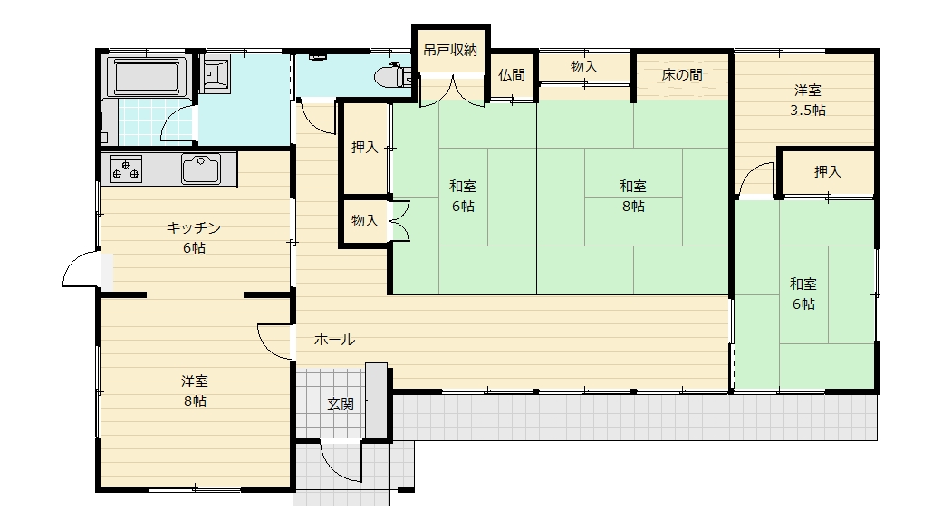 続き和室や広縁を備えた平屋の間取り。改修後の使い方を考える手がかりになります。
