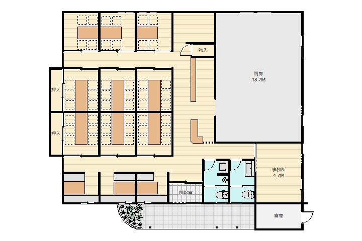 個室が12部屋あり、厨房・事務室・物置・倉庫スペースもあります。