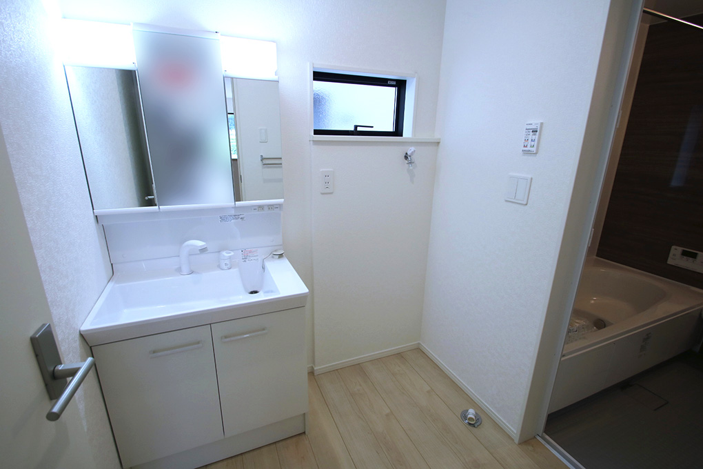 洗面台は三面鏡タイプで洗髪もできるハンドシャワーが付いています。