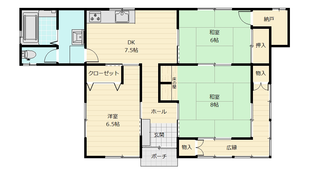 間取りは3DKで、玄関を中心に洋室と和室を分けた住みやすい設計。