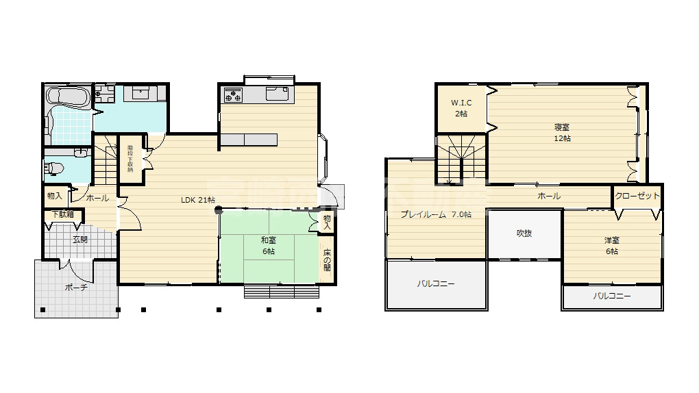 21帖の広々LDKに吹抜け、2階にはプレイルームもある充実の間取り。