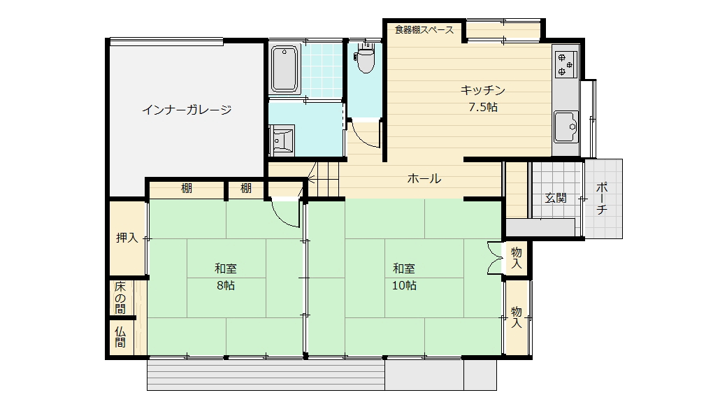 二間続きの和室を中心に、水回りやガレージへつながる1階の間取りです。