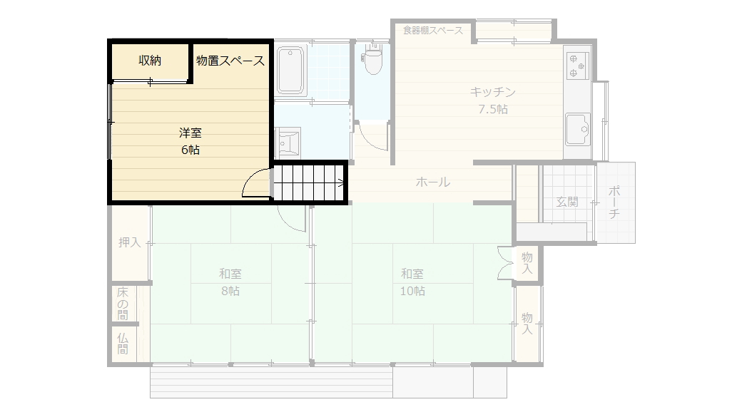 ガレージ上部には6帖の中2階。生活空間と少し距離を取れる一室です。