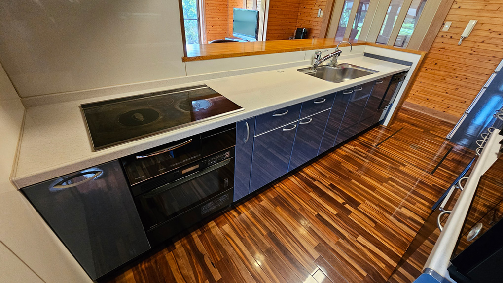 キッチンは人工大理石の天板に、食器洗浄乾燥機やオーブンを完備。