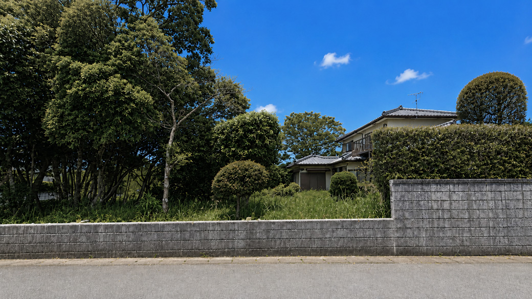 【東道路】現況建物と庭木があり、解体後の活用余地を感じる敷地。