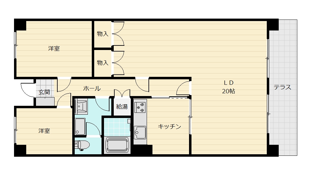 広々とした20帖のリビングと専用テラス。ファミリー世帯にも使いやすい間取りです。
