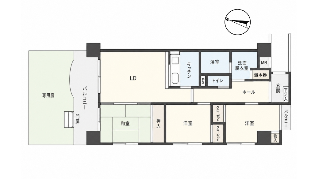 家族が集まるLD・和室と、個室を分けやすい3LDKの配置が分かります。